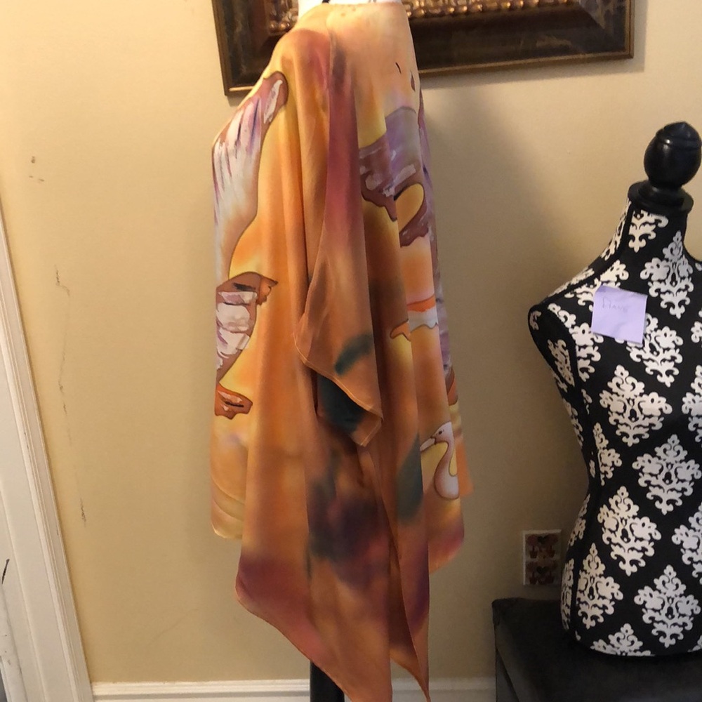 🦢dilemma Dhun Shroff Dolman Sleeved Silk Scarf lightweight painted poncho tunic - Picture 9 of 10